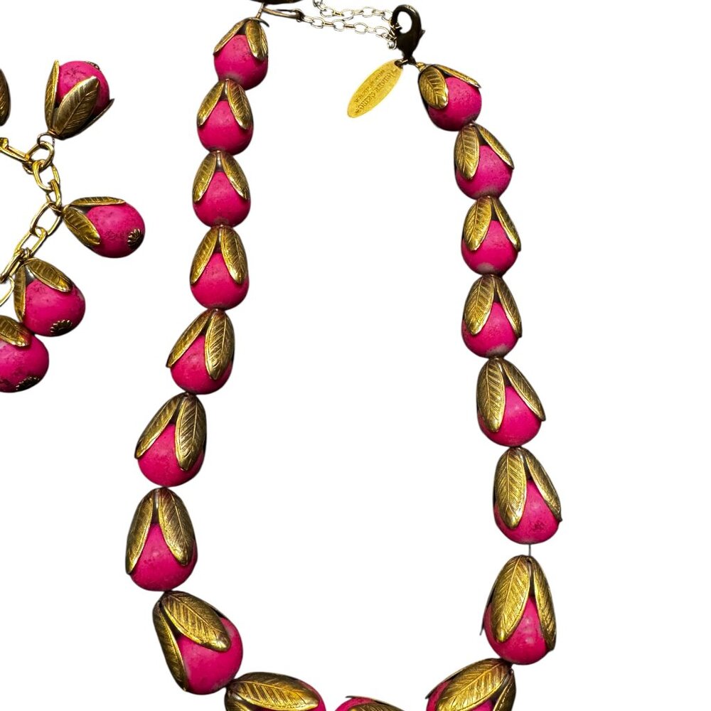 Lenora Dame Pink Tulip Necklace & Bracelet Set Gold Tone Floral Statement Jewelr - Picture 2 of 4